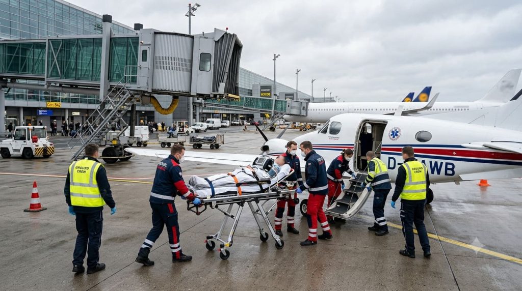 Wing-to-wing air ambulance coordination: patient transfer between commercial arrival gate and private air ambulance at Paris Charles de Gaulle airport